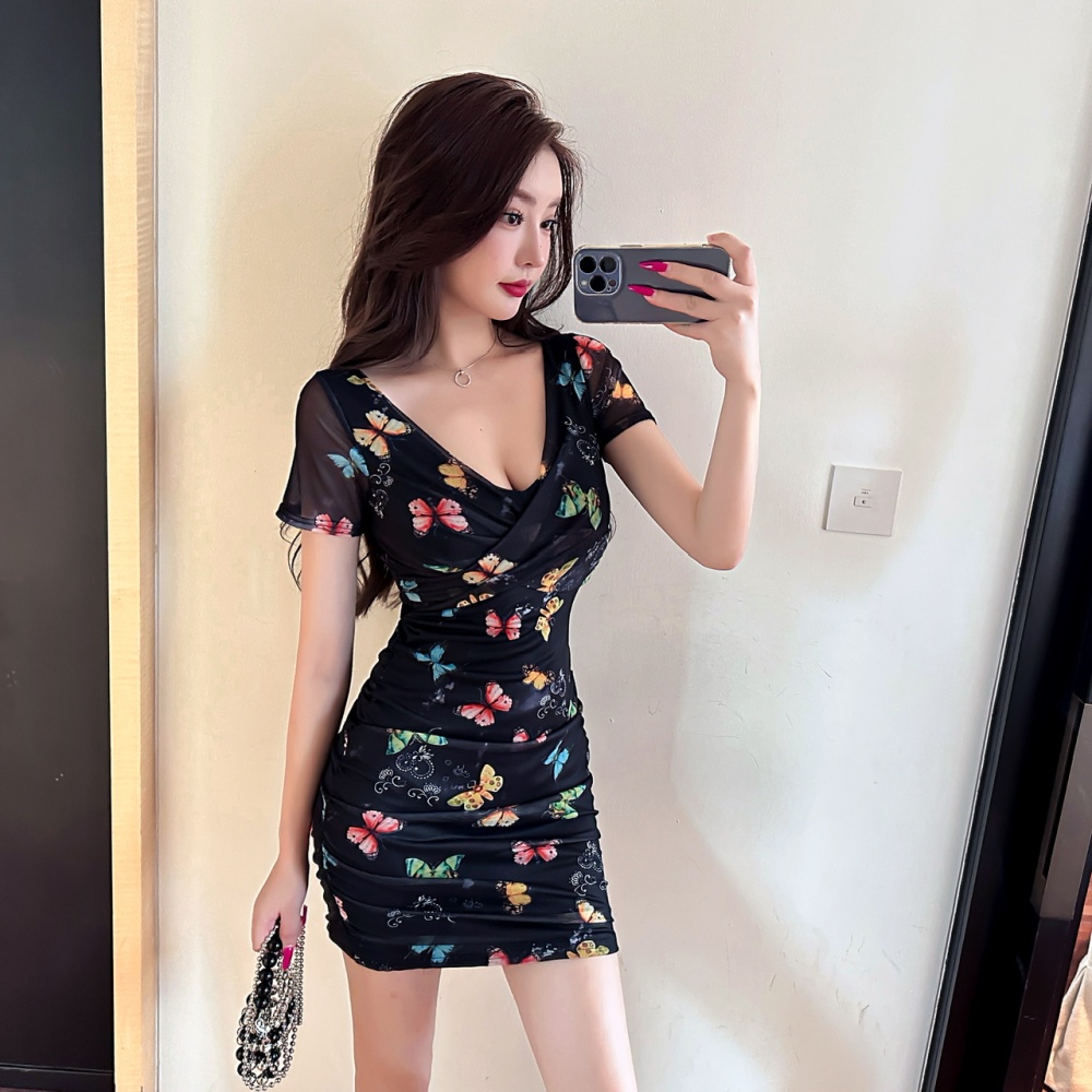 Printing sexy V-neck package hip tight short sleeve dress