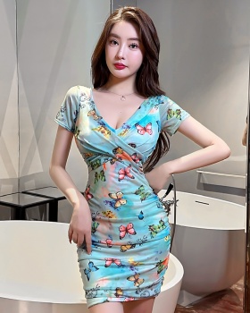 Printing sexy V-neck package hip tight short sleeve dress