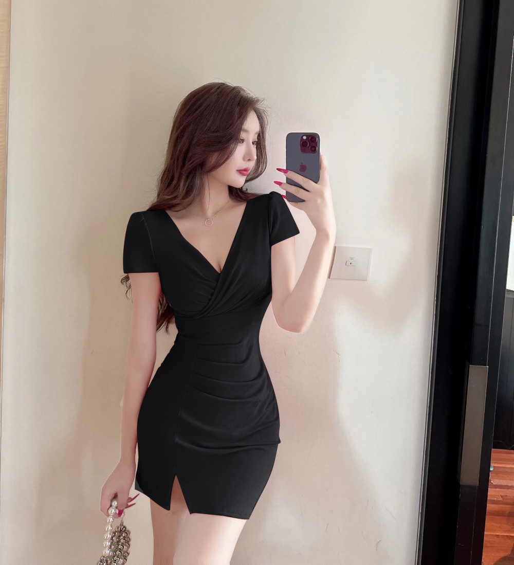 Cotton small skirt tight V-neck package hip sexy dress