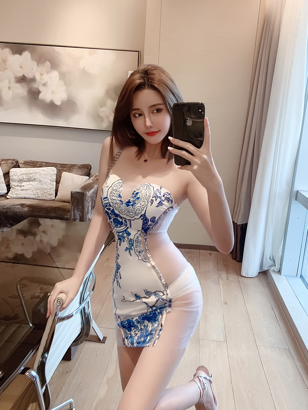 V-neck sexy cheongsam gauze wrapped chest dress for women