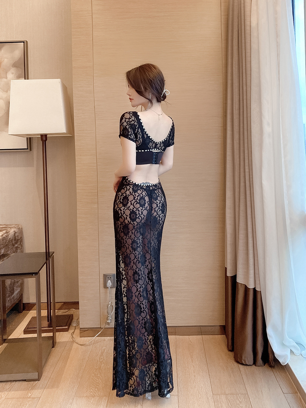 Low-cut lace dress overalls night show long dress for women