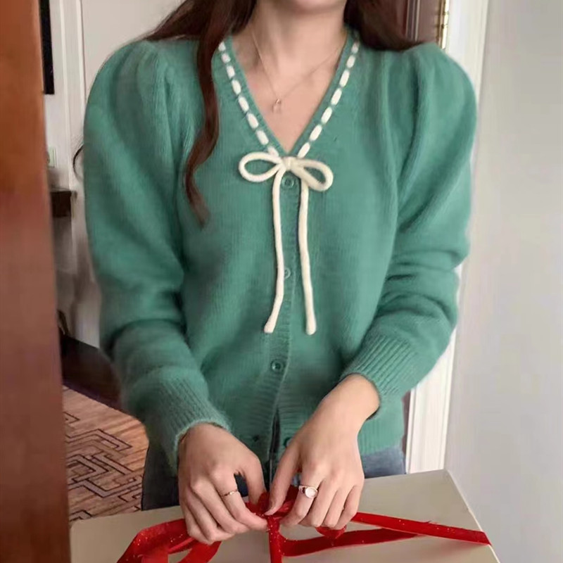 All-match bow sweet cardigan V-neck loose sweater