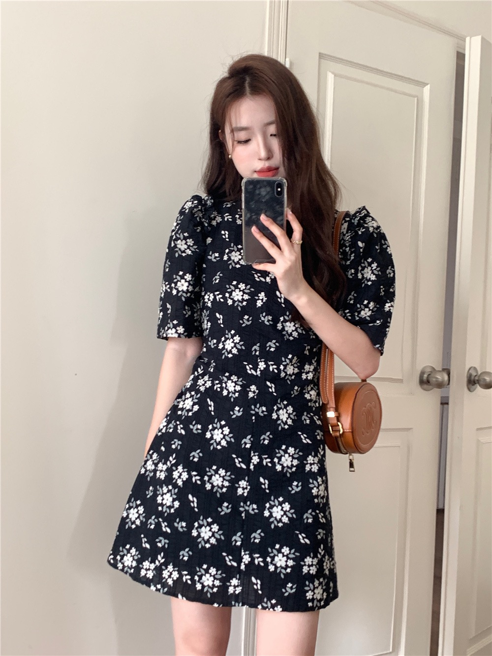 Puff sleeve round neck dress summer floral T-back for women