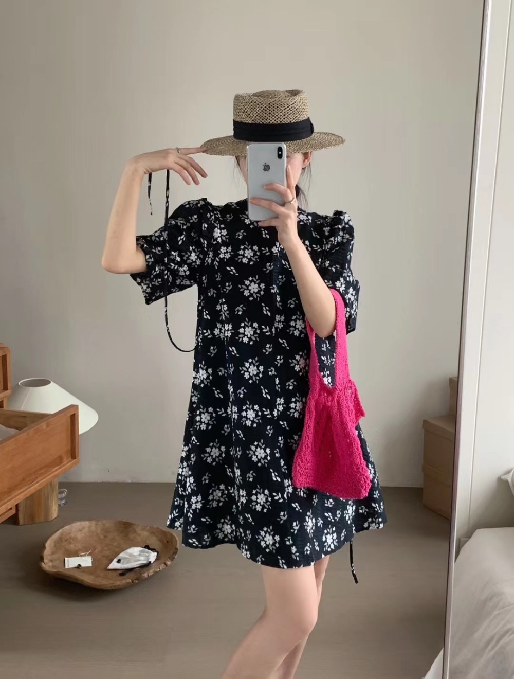 Puff sleeve round neck dress summer floral T-back for women