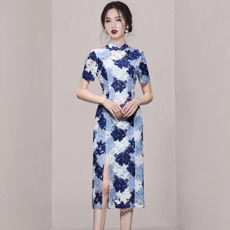 Fashion split colors dress summer embroidery cheongsam