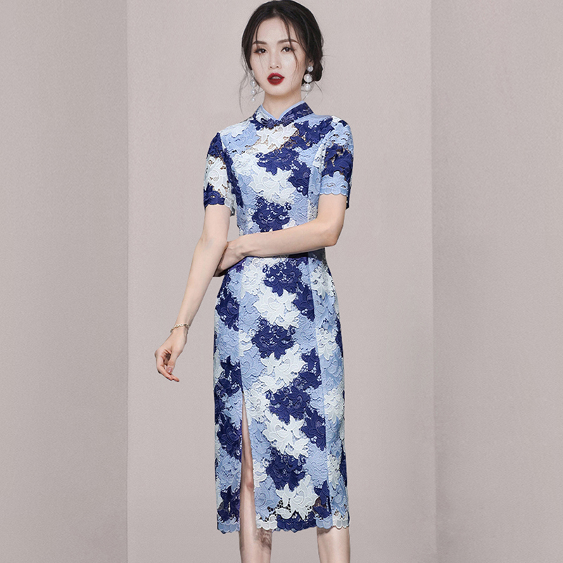 Fashion split colors dress summer embroidery cheongsam