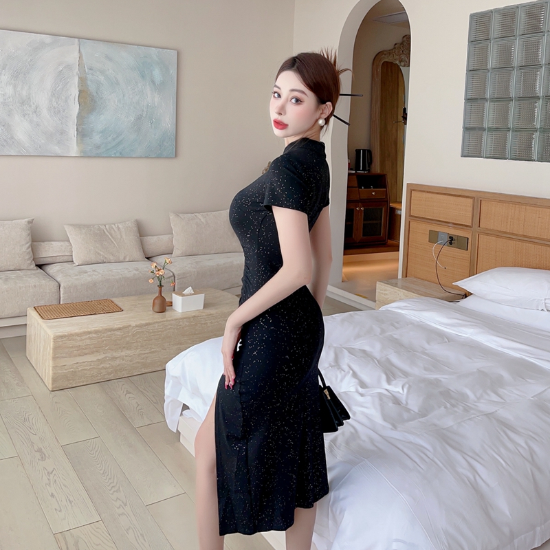 Long split maiden cheongsam slim sexy package hip dress
