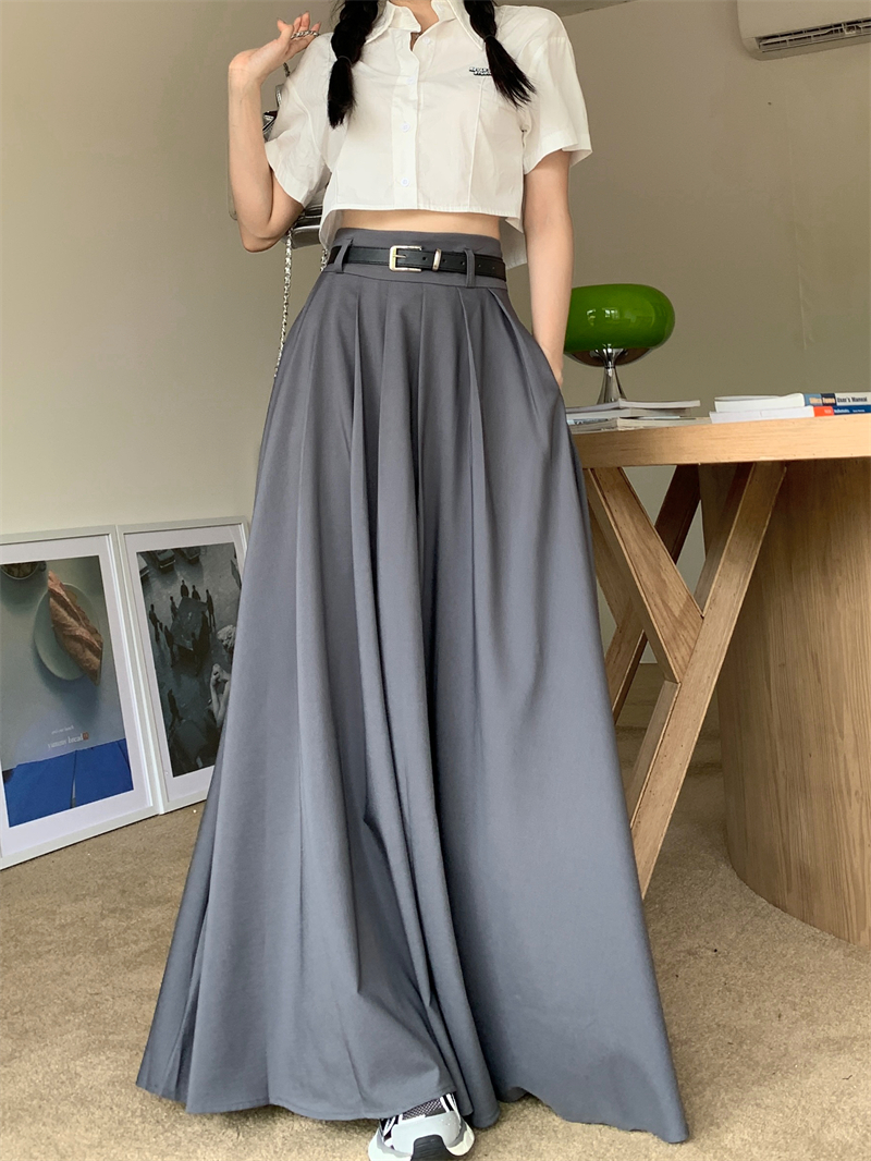 High waist pleated pure with belt long skirt