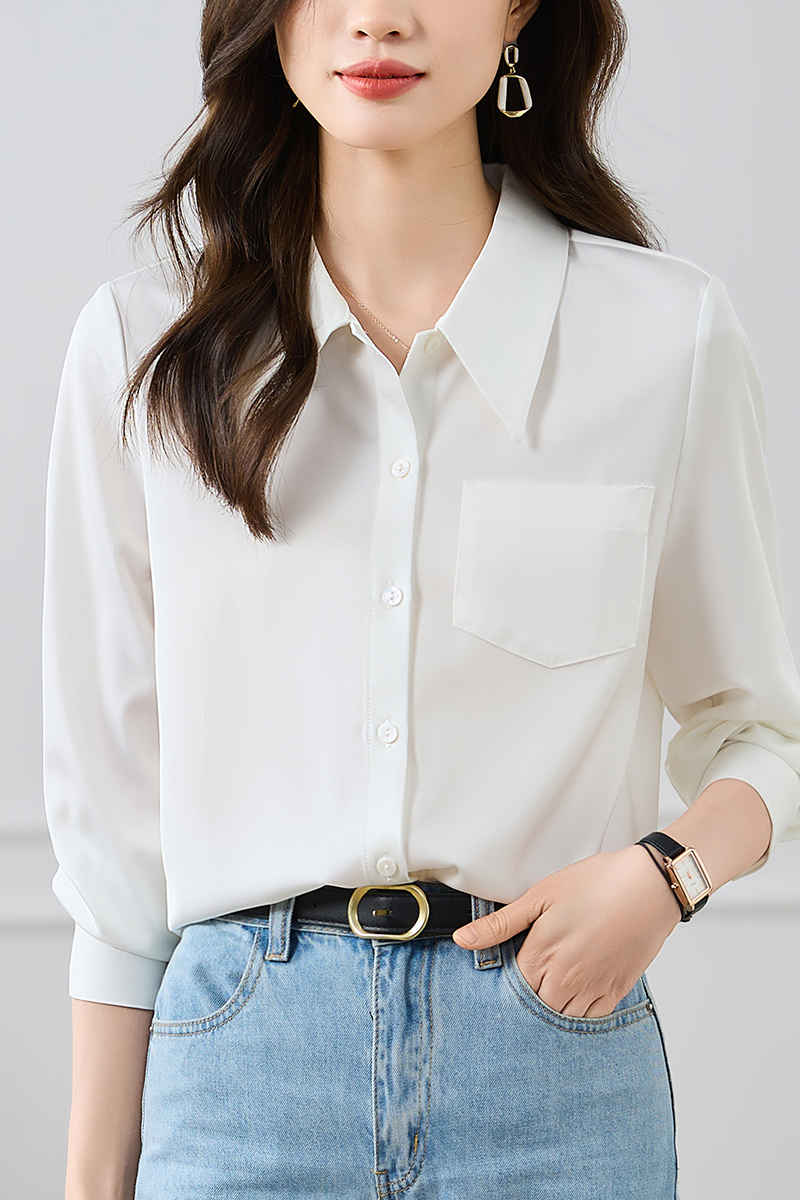 Drape white small pointed collar shirt for women