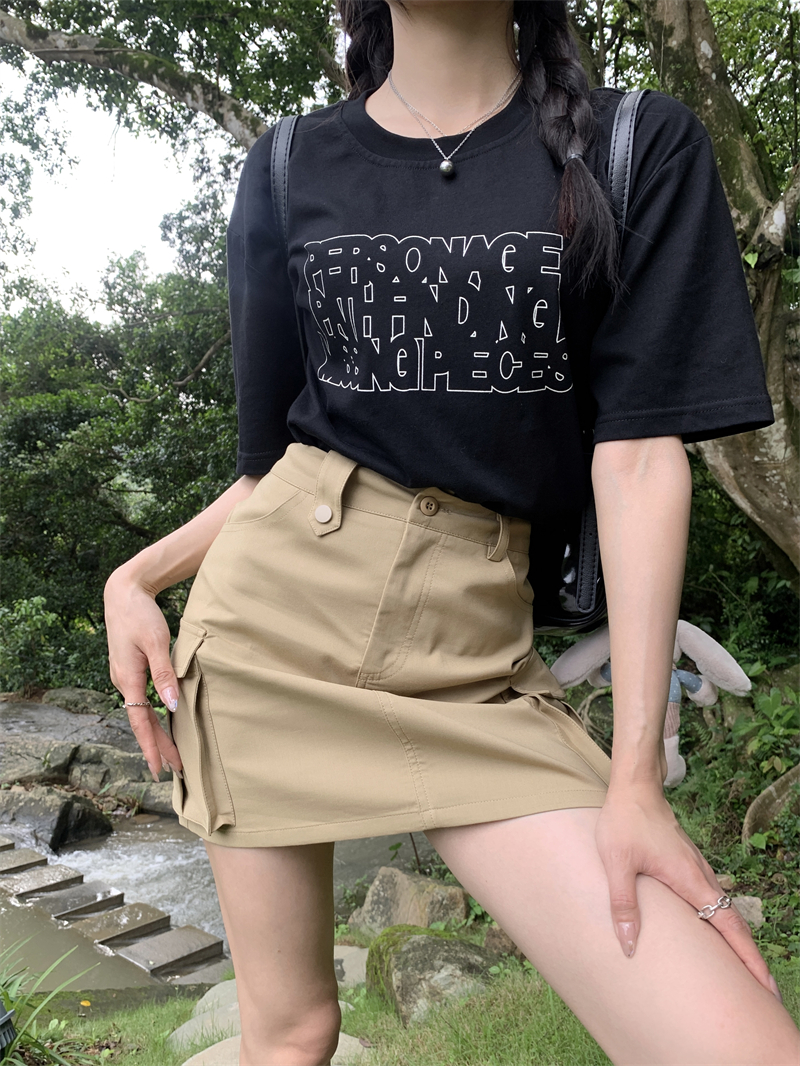 Black short skirt letters T-shirt 2pcs set for women