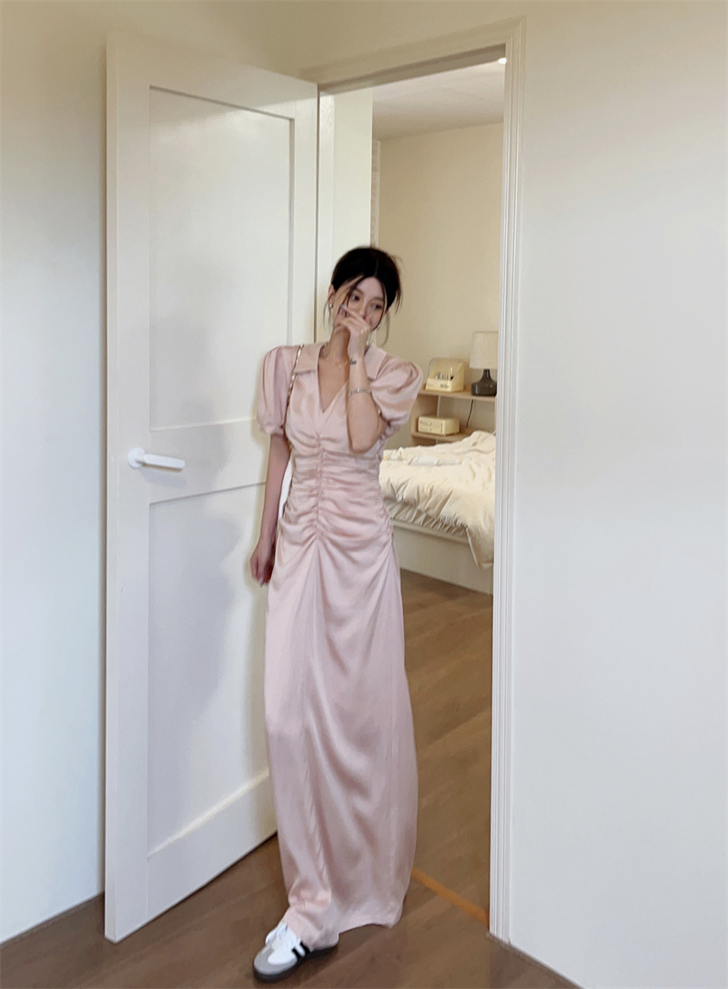 Temperament pink summer long dress France style slim dress