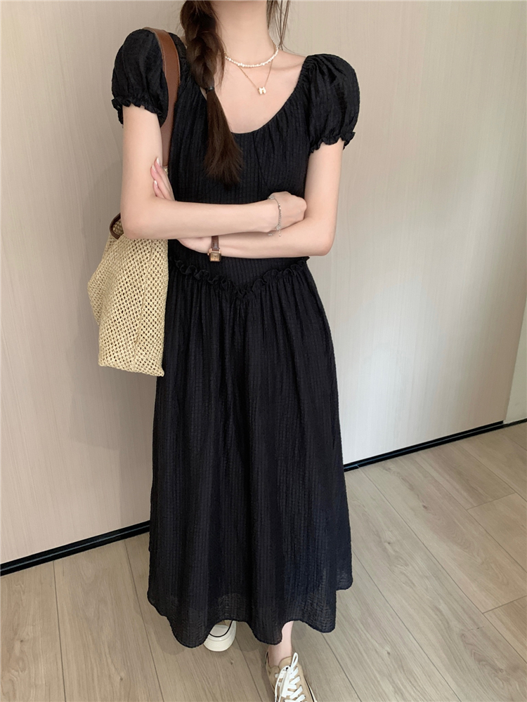 Slim V-neck halter dress puff sleeve black long dress