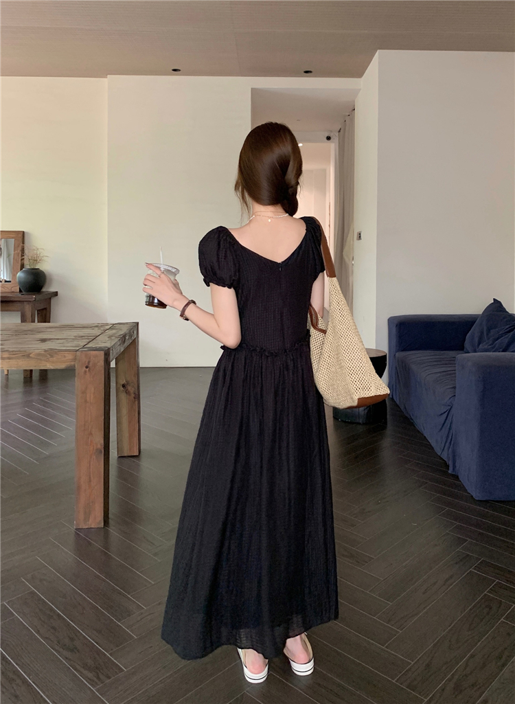 Slim V-neck halter dress puff sleeve black long dress