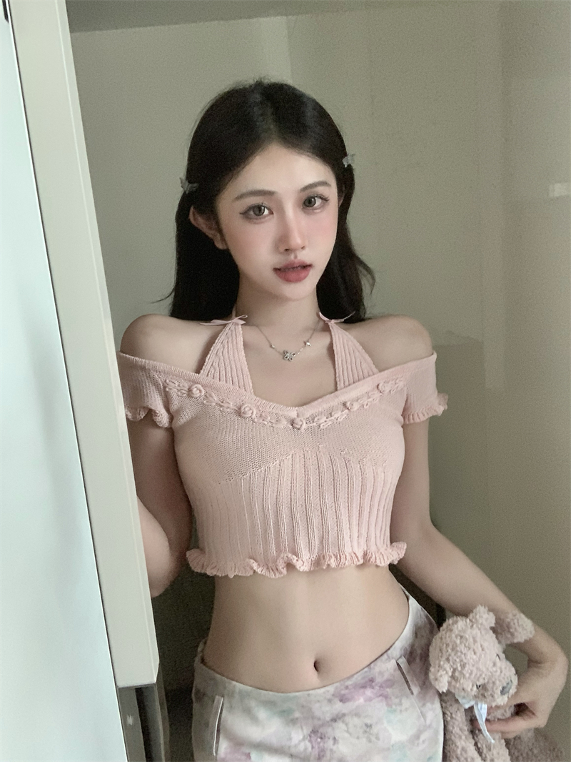 Pseudo-two halter sweet crochet summer refinement knitted tops