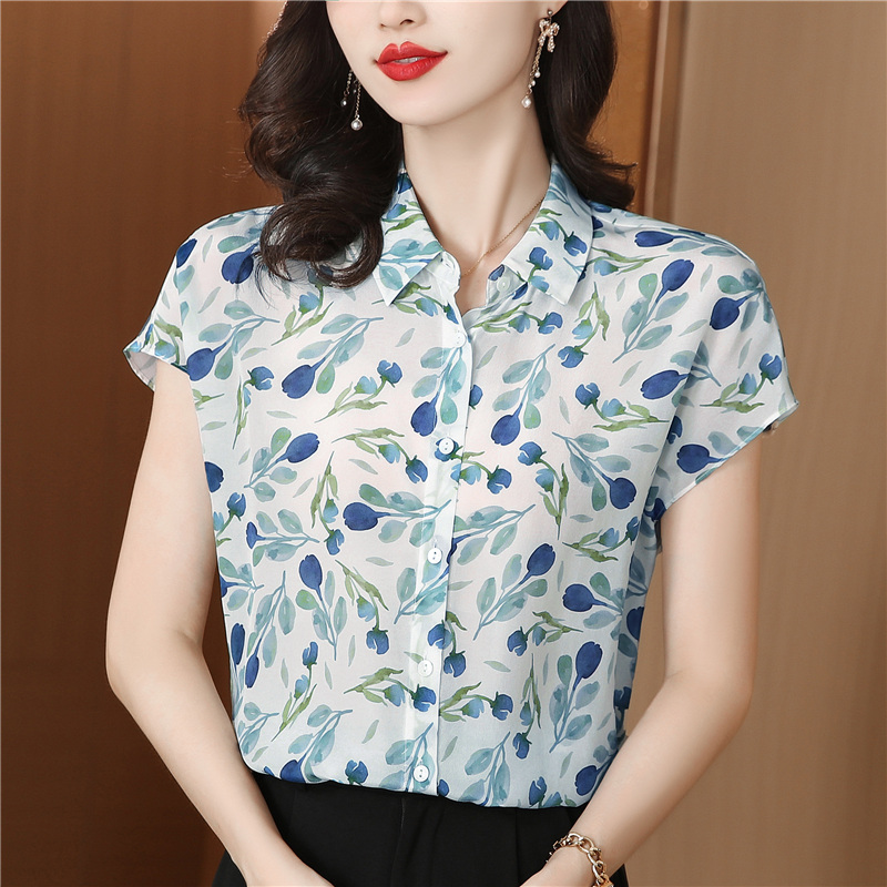 Temperament floral summer shirt real silk silk tops for women