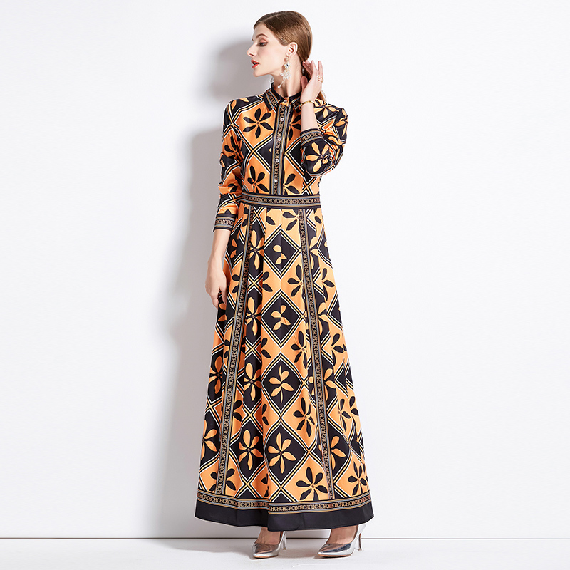 Pinched waist printing all-match European style dress