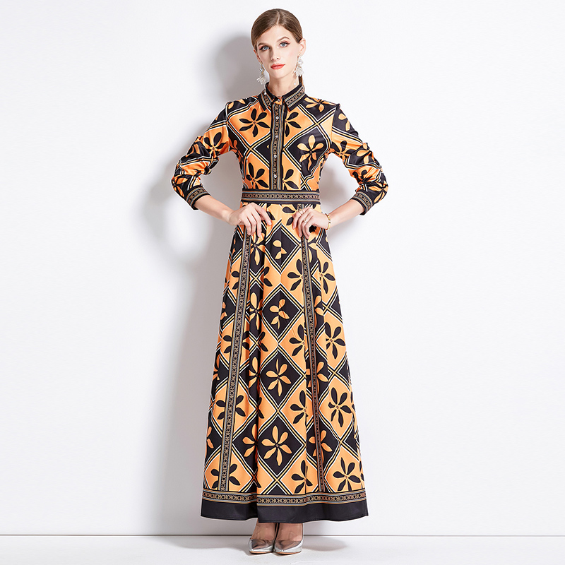 Pinched waist printing all-match European style dress