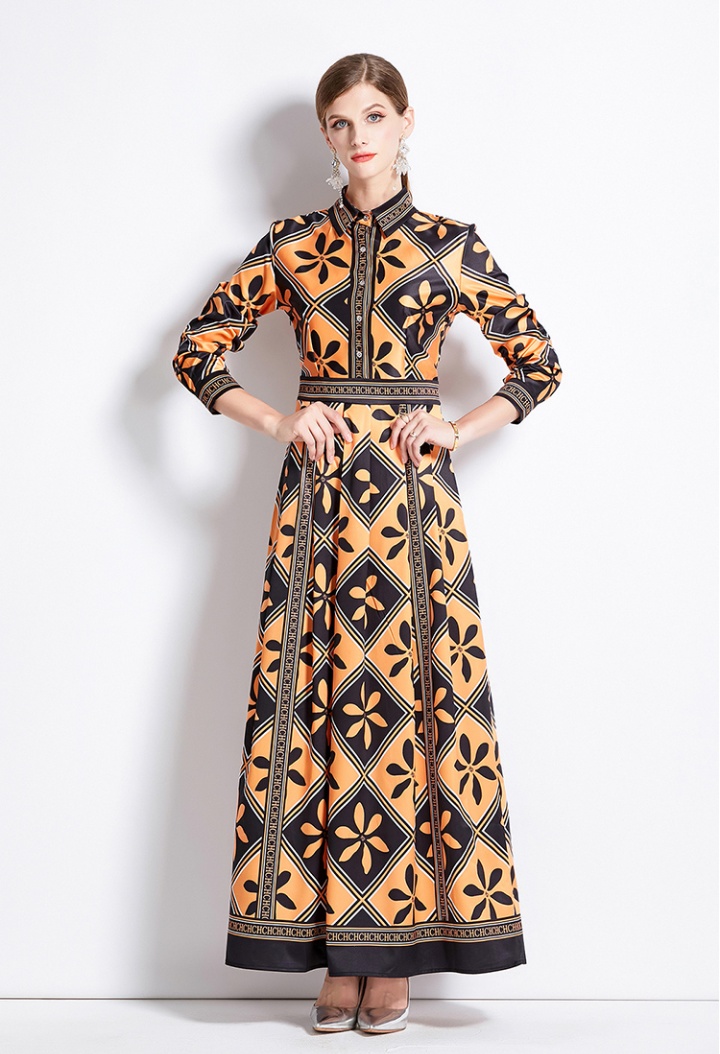 Pinched waist printing all-match European style dress