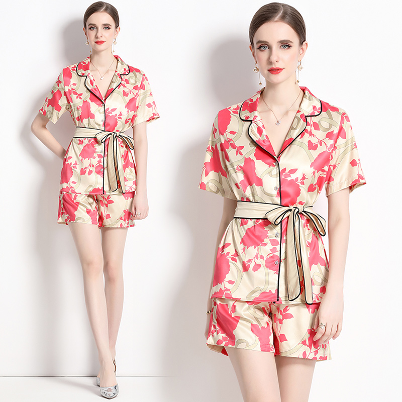 Fashion printing business suit with belt pajamas 2pcs set