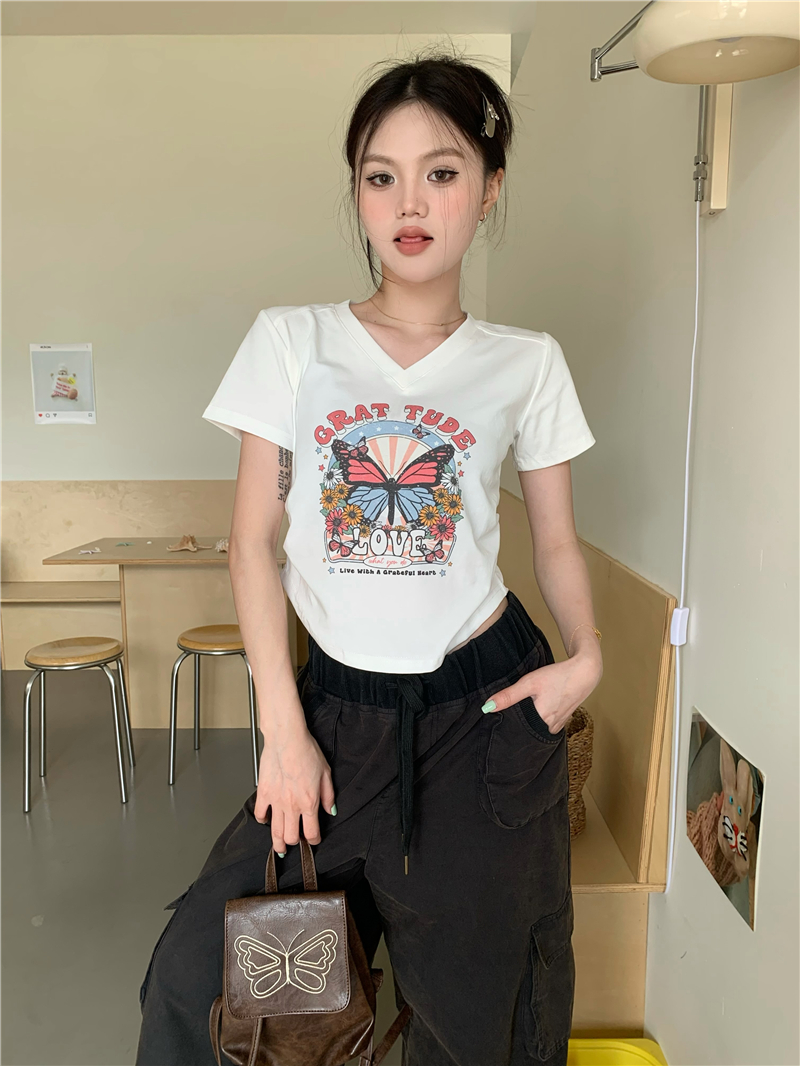 Retro printing short butterfly V-neck pinched waist T-shirt