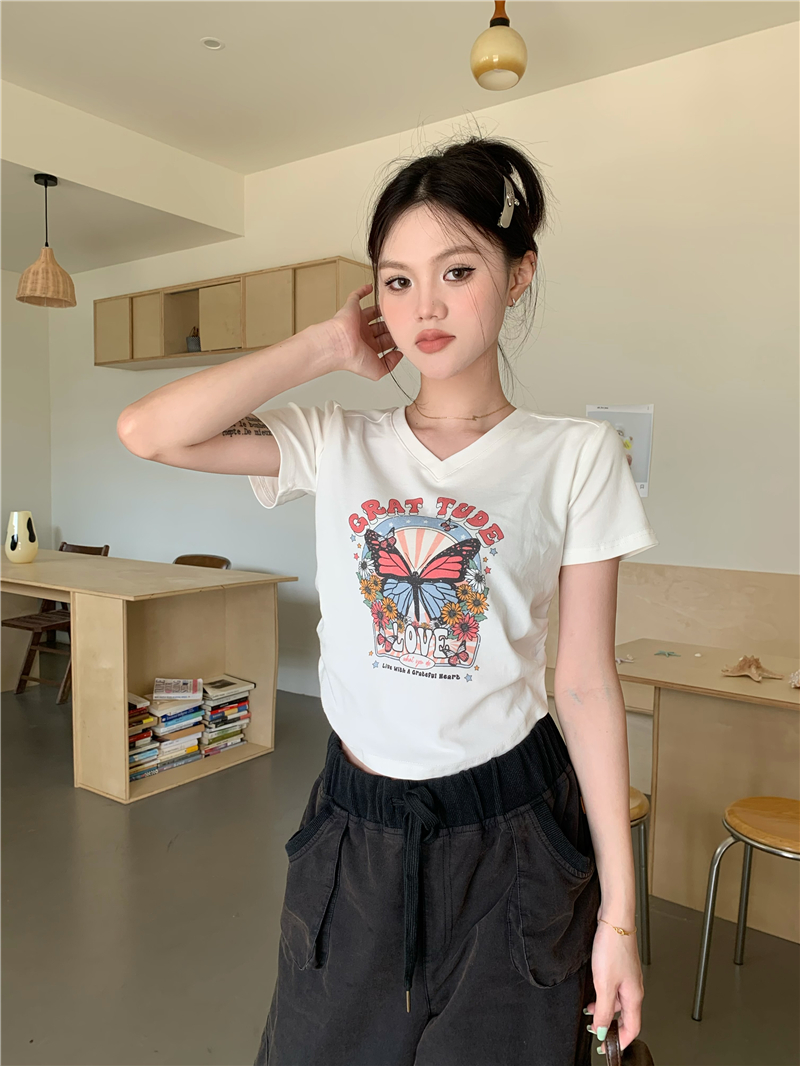 Retro printing short butterfly V-neck pinched waist T-shirt