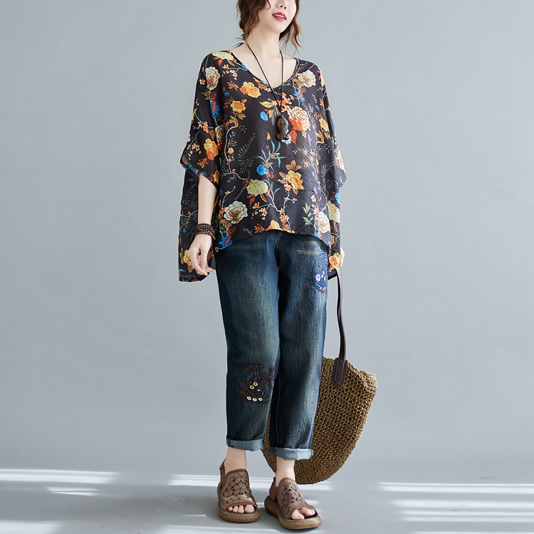 Big flower spring and summer tops loose large yard T-shirt