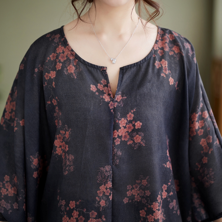 Loose printing slim tops art V-neck shirt for women