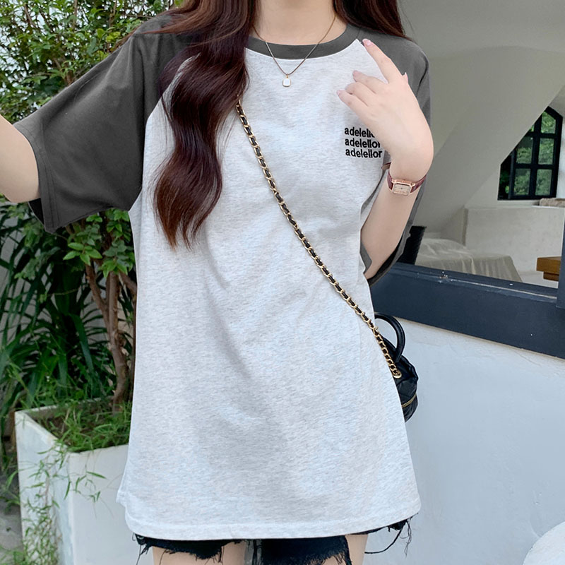 Mixed colors long T-shirt embroidery tops for women