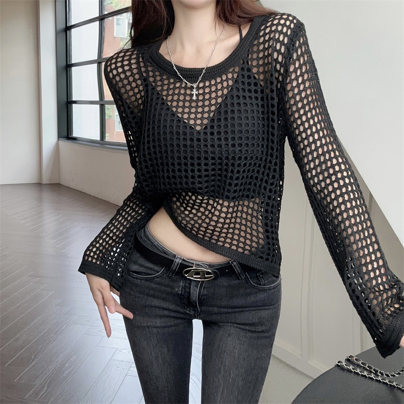 Short long sleeve loose hollow autumn knitted niche tops