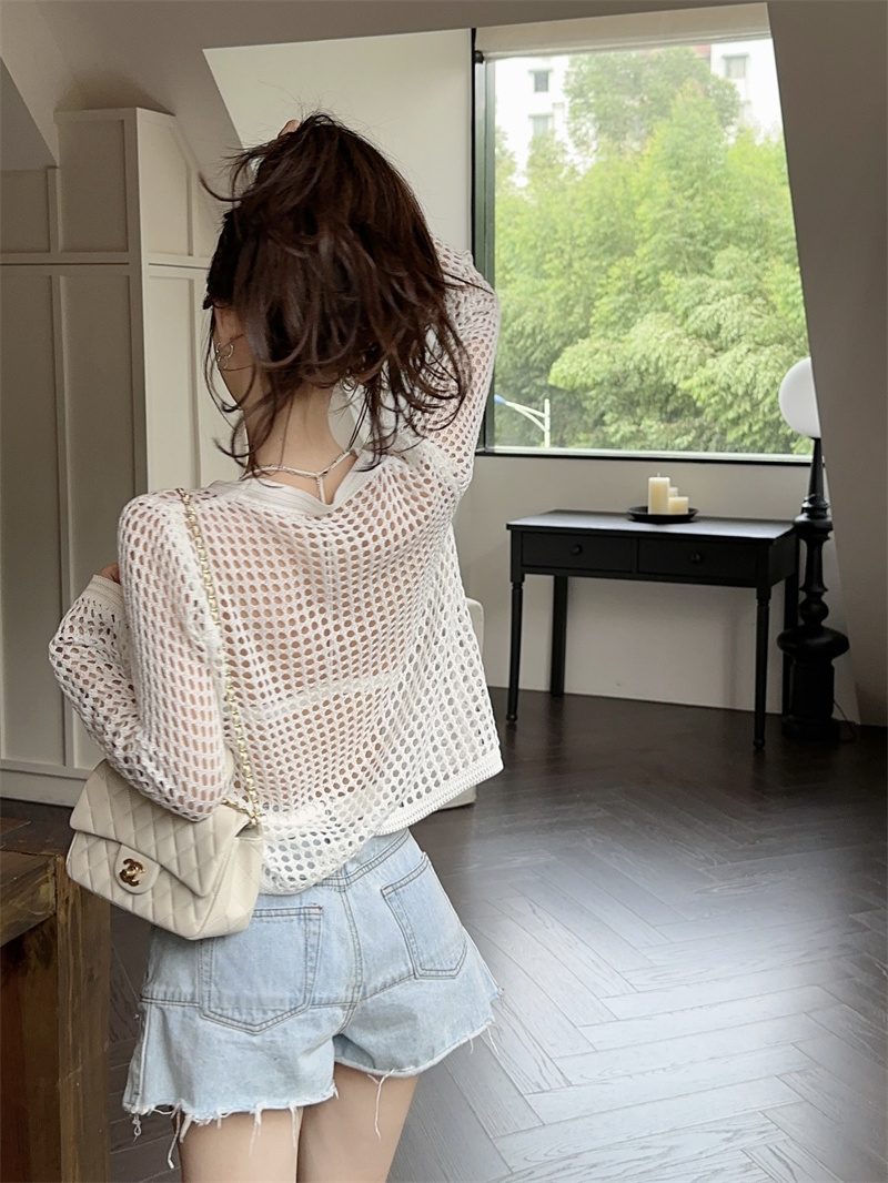 Short long sleeve loose hollow autumn knitted niche tops