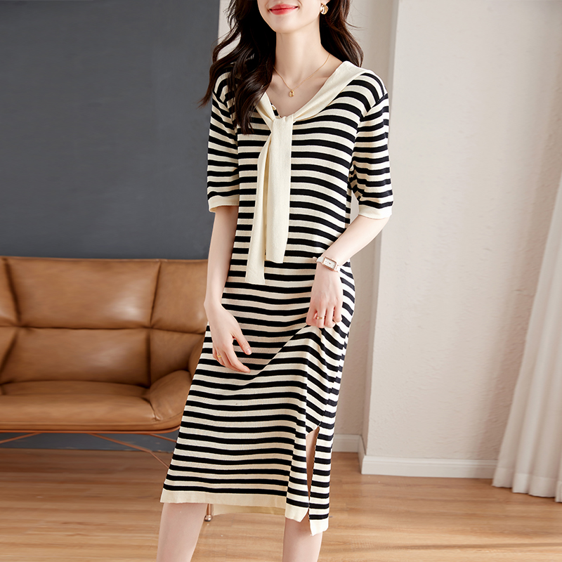 Split stripe Korean style hat long fashion dress