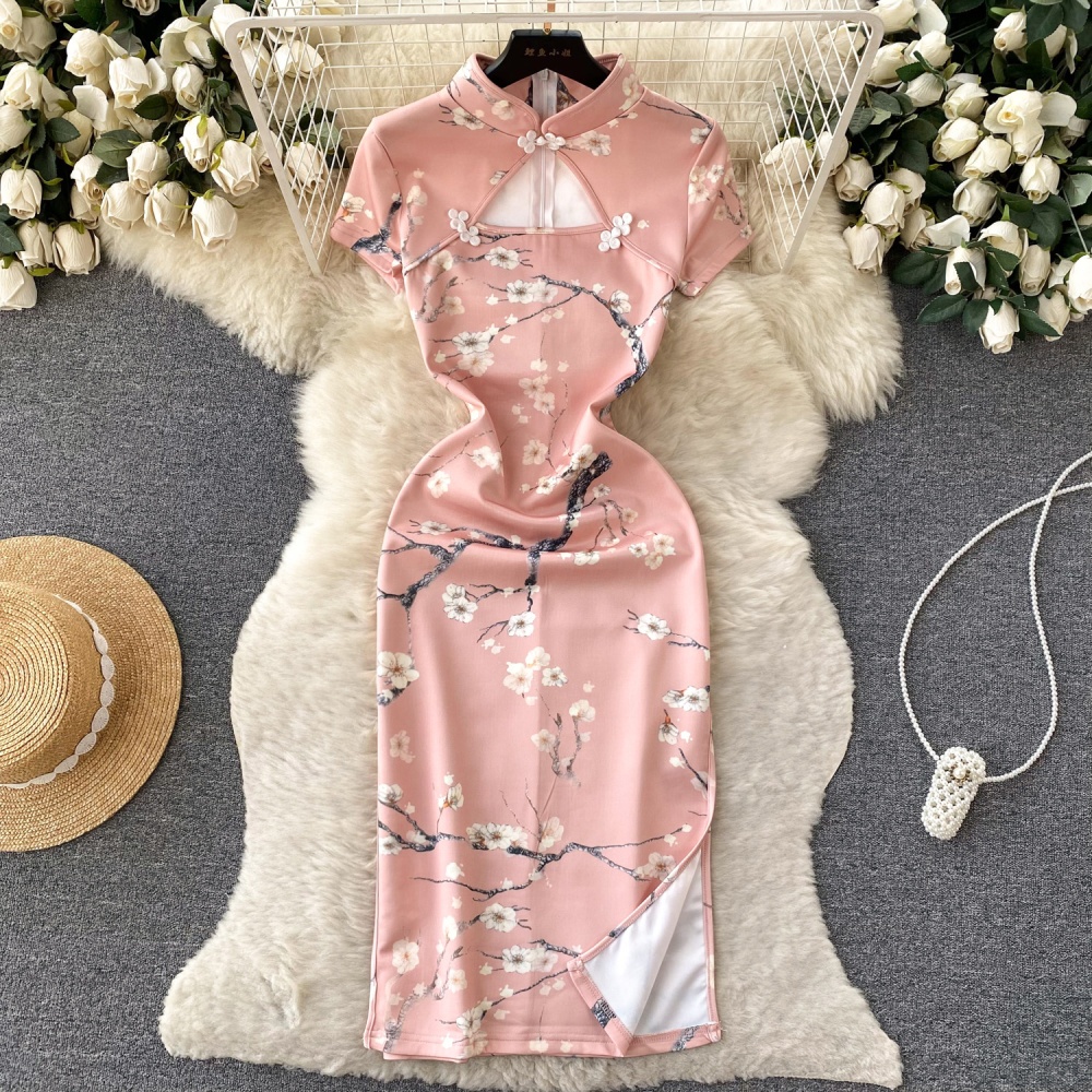 Slim Chinese style retro package hip printing dress for women