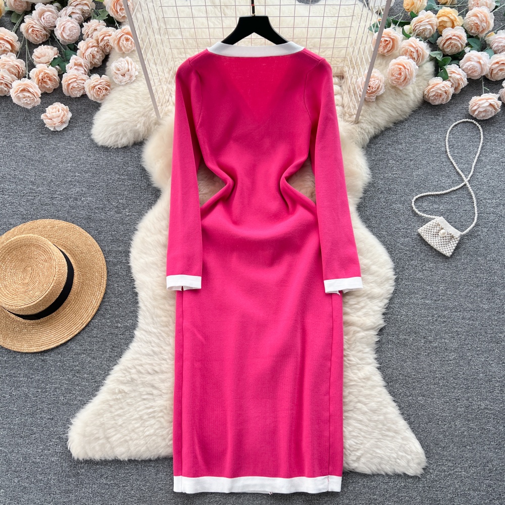 Niche double-breasted retro knitted V-neck dress for women