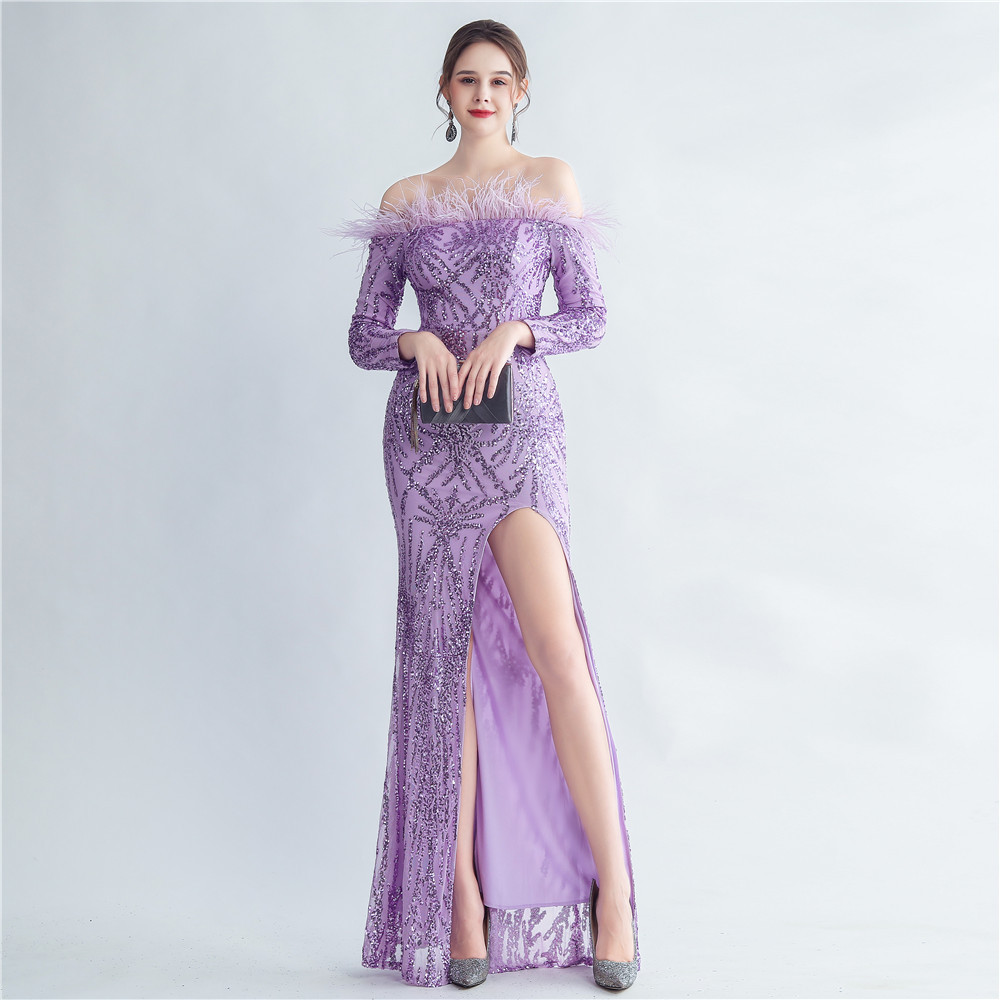 Long sleeve sequins ostrich hair mermaid evening dress