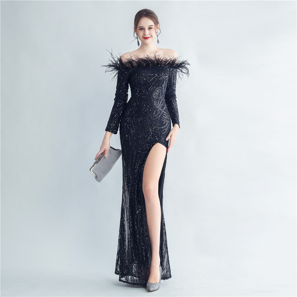 Long sleeve sequins ostrich hair mermaid evening dress