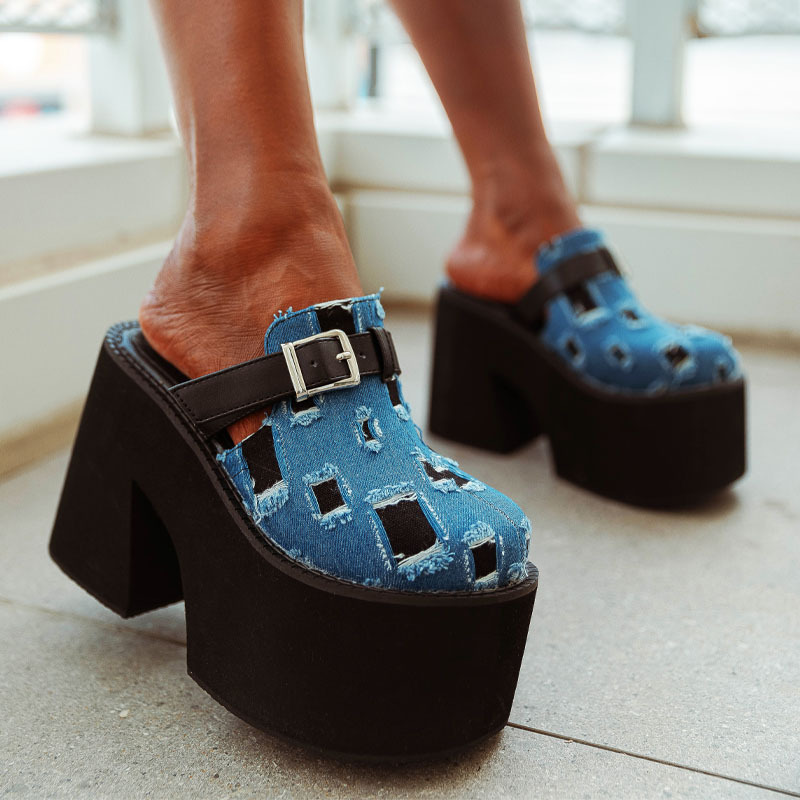 Holes belt buckle slippers denim high-heeled shoes