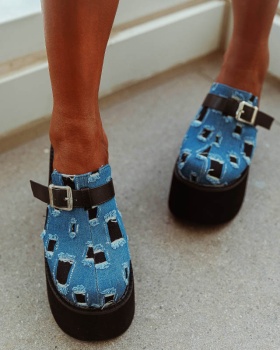Holes belt buckle slippers denim high-heeled shoes