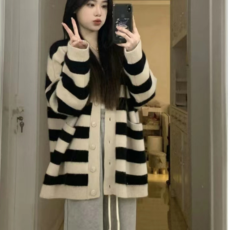 Japanese style retro sweater stripe cardigan for women