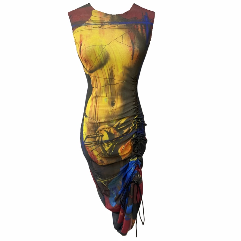 European style printing drawstring dress for women