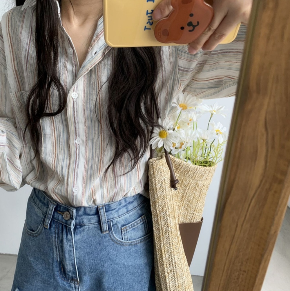 Pinstripe loose long sleeve tops Korean style lazy niche shirt