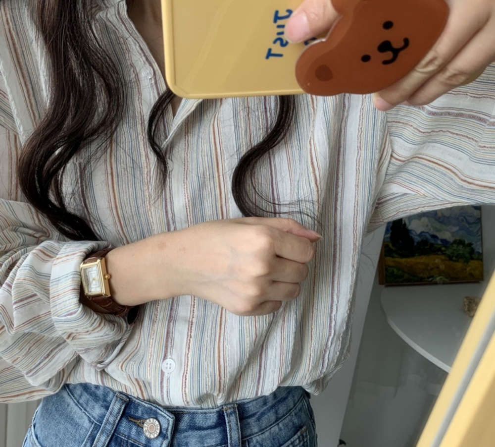 Pinstripe loose long sleeve tops Korean style lazy niche shirt