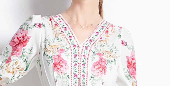 White flowers V-neck with belt temperament dress