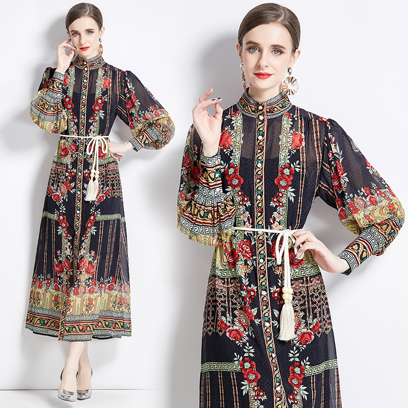 National style printing cstand collar dress