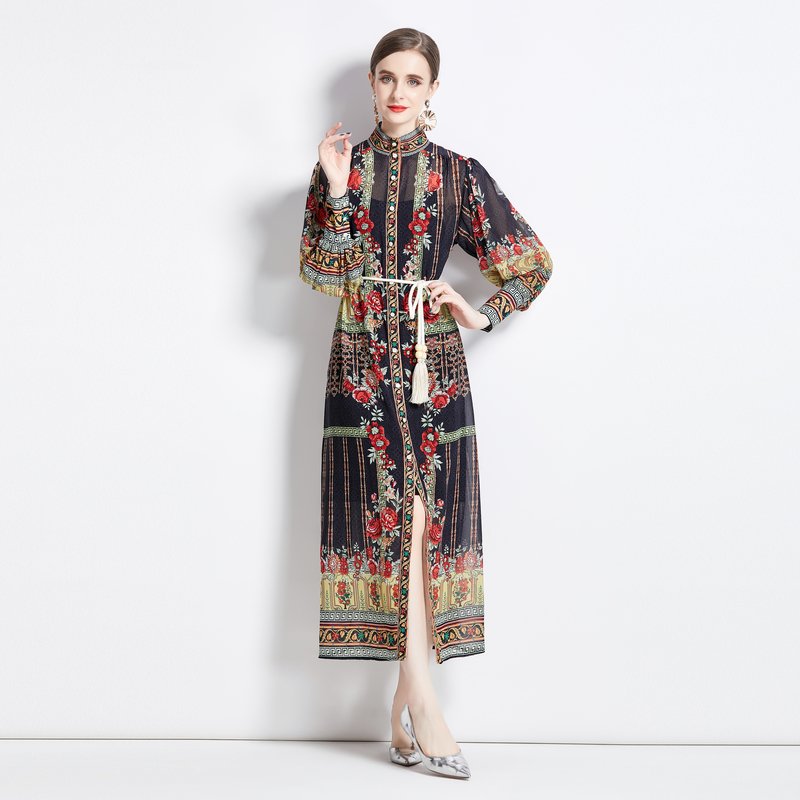 National style printing cstand collar dress