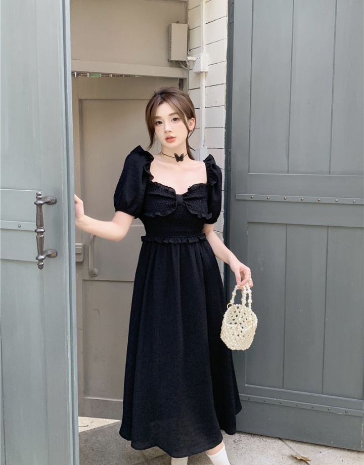 Black slim dress pinched waist long dress for women