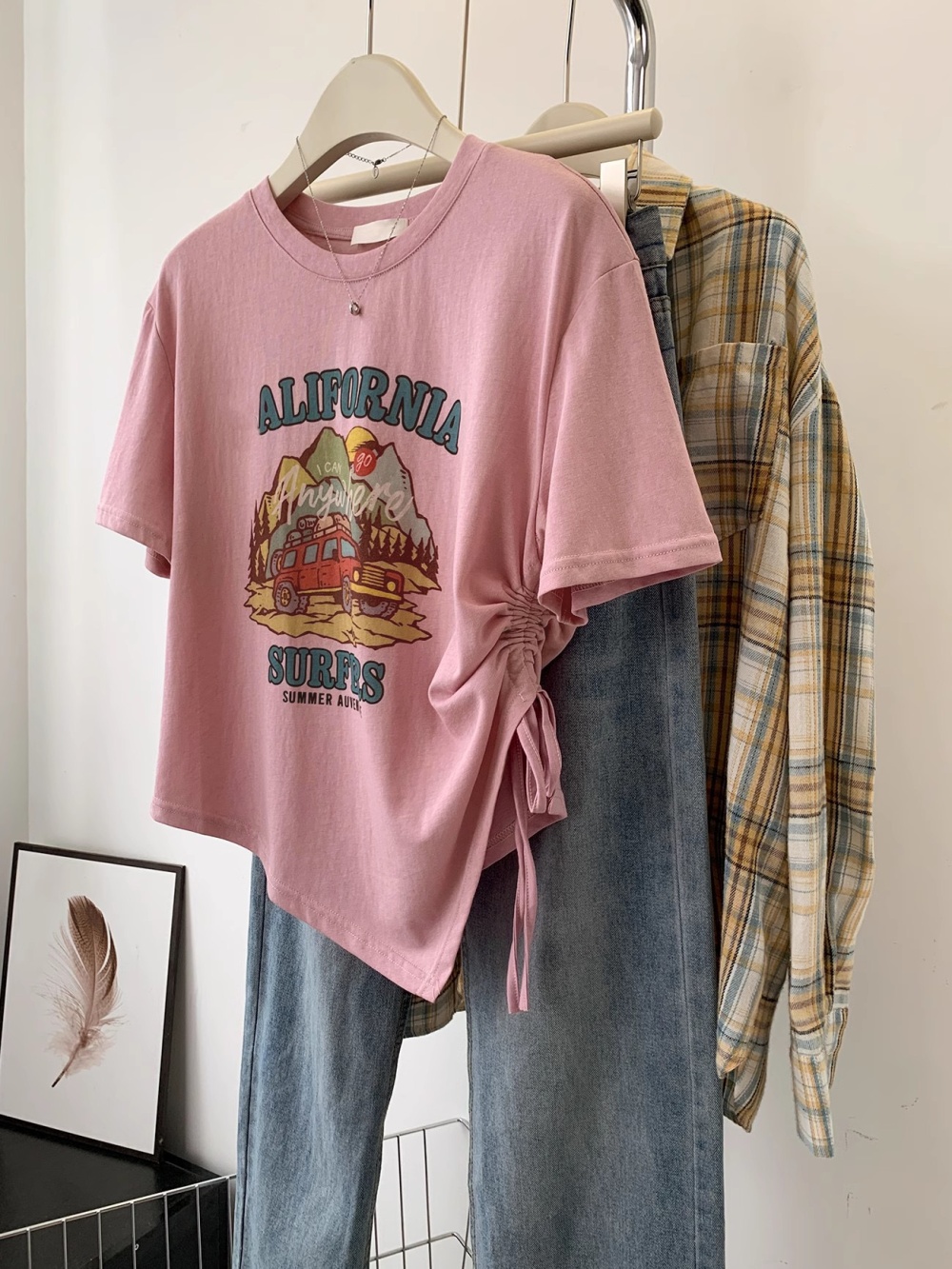 Pink short slim T-shirt drawstring short sleeve tops