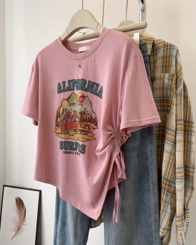 Pink short slim T-shirt drawstring short sleeve tops