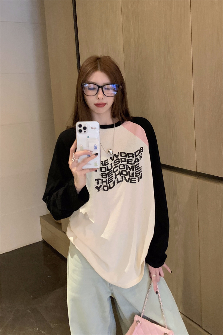 Loose long sleeve mixed colors letters T-shirt
