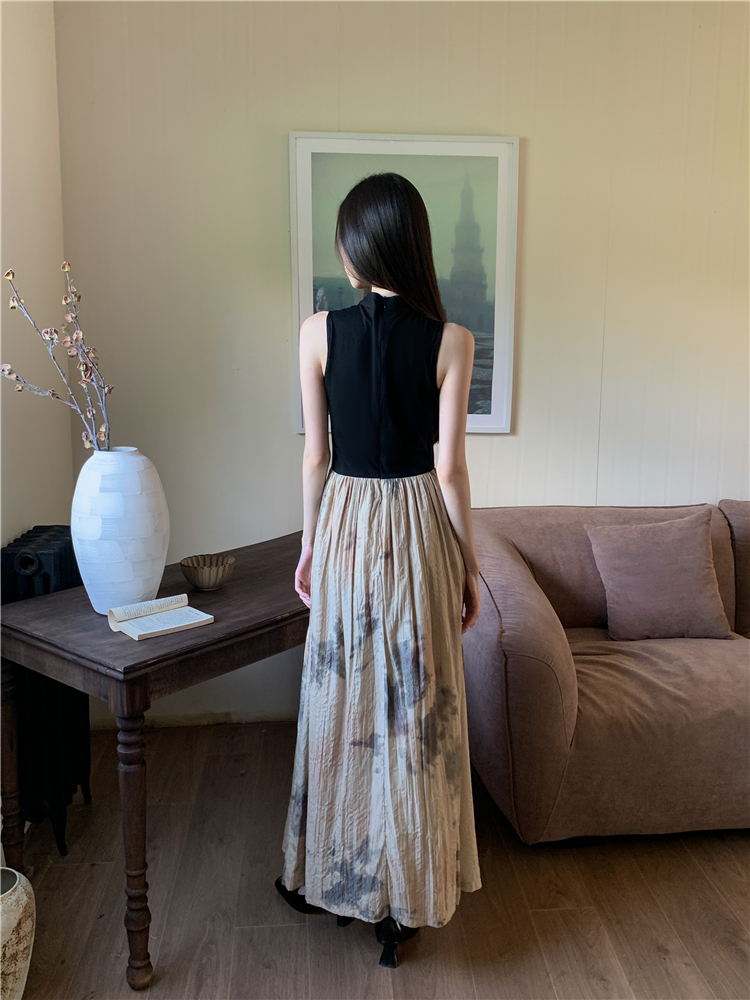 Chinese style printing splice fold elasticity dress