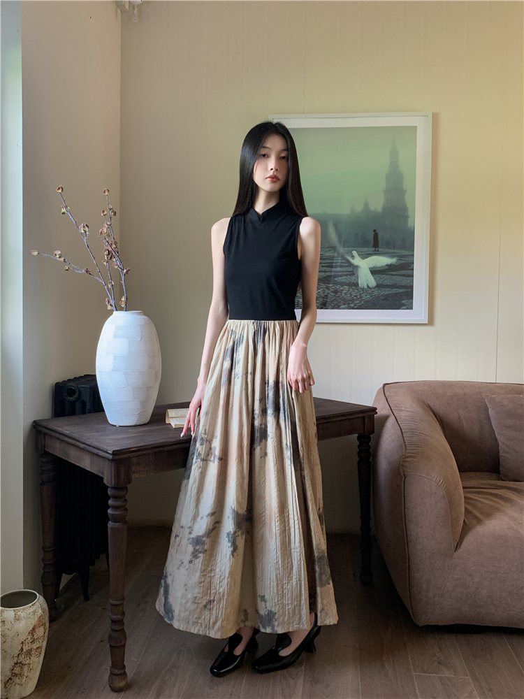 Chinese style printing splice fold elasticity dress